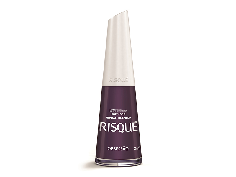 Esmalte, cor Obsessão, da Risqué. Para quem quer arrasar com uma cor mais ousada, o tom roxo da linha regular da marca é aposta de tendência da Risqué (e minha também). Preço: 2,75 reais.