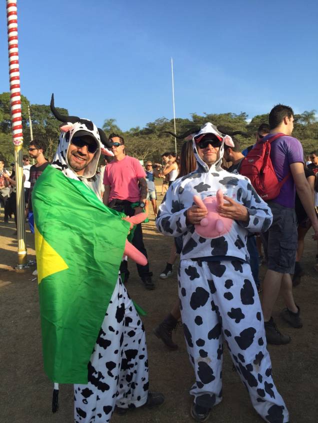 Amigos se divertem vestidos como vacas Amigos se divertem vestidos como vacas