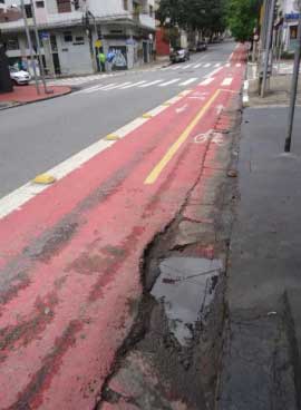 Trecho da ciclofaixa da Rua Artur de Azevedo em condições precárias