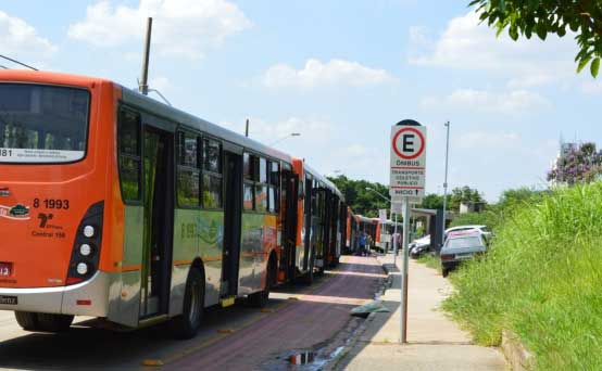 Ao lado do ponto de ônibus, ciclofaixa da Avenida Escola Politécnica, com pintura apagada e poça