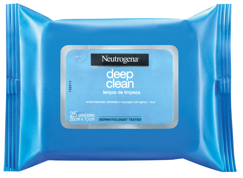 Lenços umedecidos, da Neutrogena. O produto mais tradicional no segmento sem enxágue. Os lenços eliminam impurezas da pele e removem a oleosidade ou mesmo a maquiagem. Preço sugerido: 18,90 reais