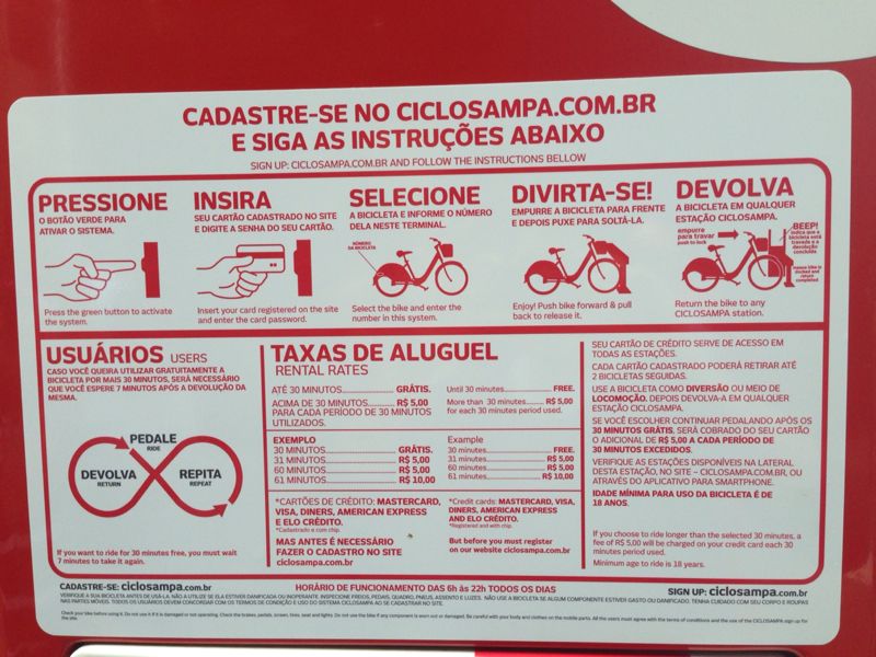 	Assim como no BikeSampa, os pimeiros 30 minutos serão gratuitos e uma taxa de 5 reais será cobrada a cada 30 minutos excedente