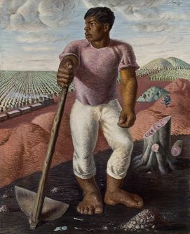 Tela Mestiço (1934) - Candido Portinari,que mostra um homem negro com uma enxada na mão: pintor tem sua produção exibida em uma mostra imersiva no MIS Experience