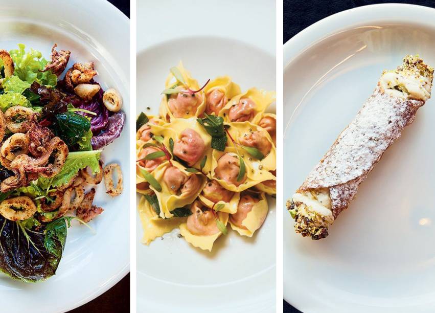 Ella.: salada de lula, tortelli de beterraba e canollo Ella.: salada de lula, tortelli de beterraba e canollo