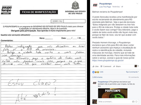 Batman escreve “desabafo” após tentar tirar RG e recebe resposta do Poupatempo