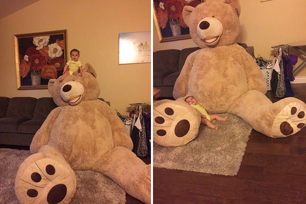 Avô surpreende neta de 5 meses de idade com presente inusitado: um urso de pelúcia gigantesco