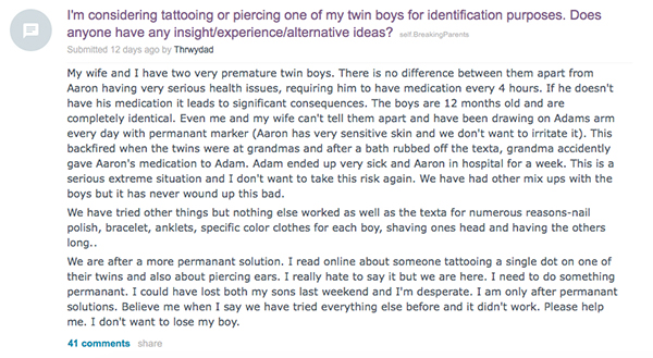 Pai explica por que está pensando em tatuar filhos gêmeos em um desabafo emocionante