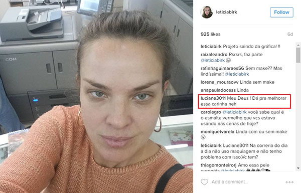 Após publicar foto sem maquiagem, Letícia Birkheuer provoca seguidora que criticou sua aparência