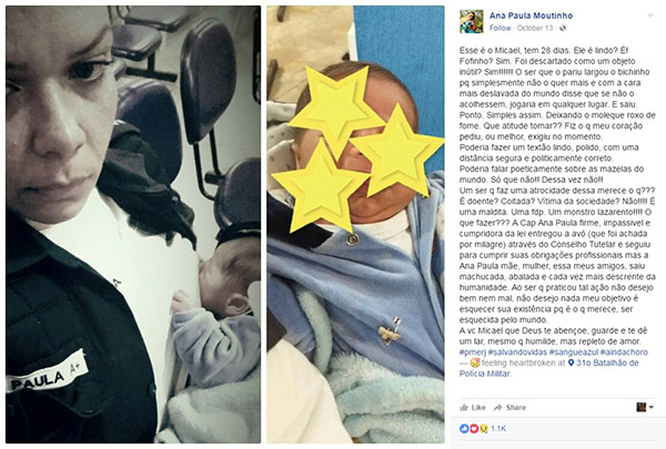 Policial Militar comove internautas ao amamentar filho de desconhecida e fazer desabafo no Facebook