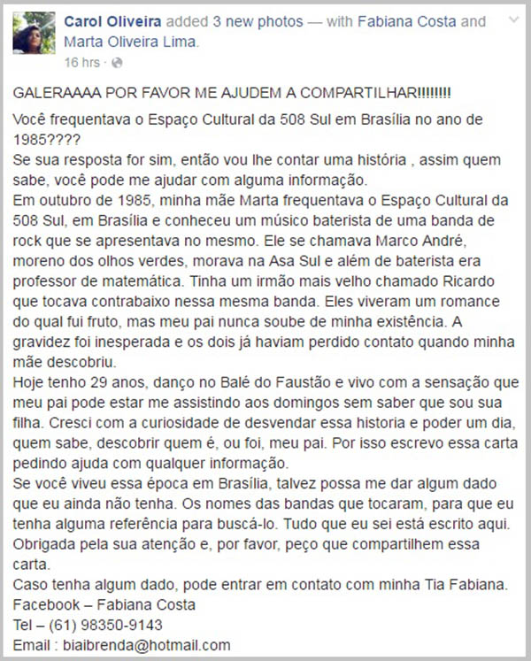 Bailarina do “Domingão do Faustão”, Carol Oliveira faz campanha na internet para conhecer o pai