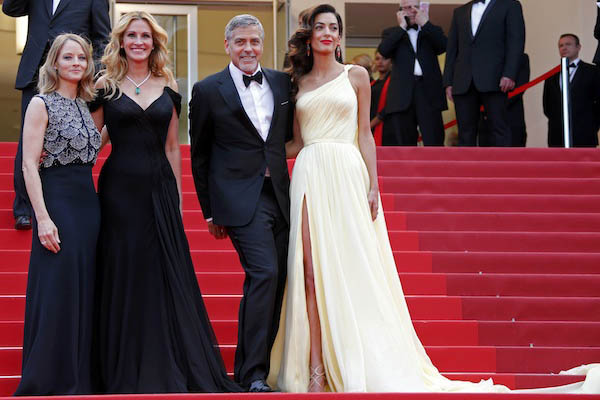 Director Jodie Foster and cast members Julia Roberts, George Clooney and his wife Amal Alamuddin   pose on the red carpet as they arrive for the screening of the film “Money Monster” out of competition at the 69th Cannes Film Festival in Cannes