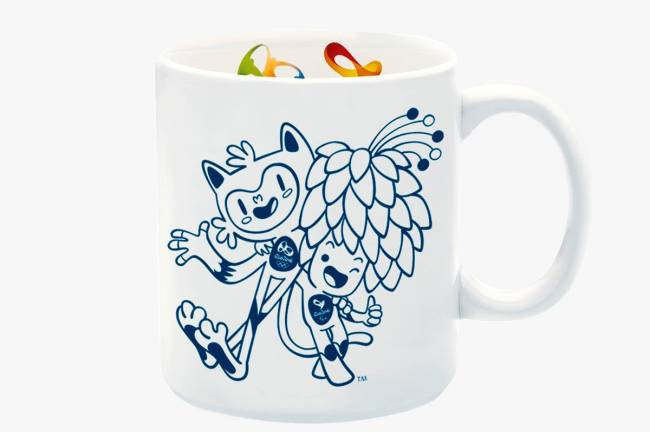 Caneca de cerâmica com ilustrações das mascotes Vinicius e Tom, para colorir.