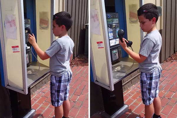 Você vai se sentir velho ao ver este vídeo de um garotinho vendo um telefone público pela primeira vez
