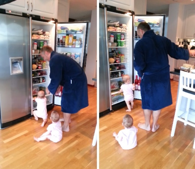 Gêmeas querem espiar dentro da geladeira a todo momento e acabam impedindo seu pai de cozinhar; assista