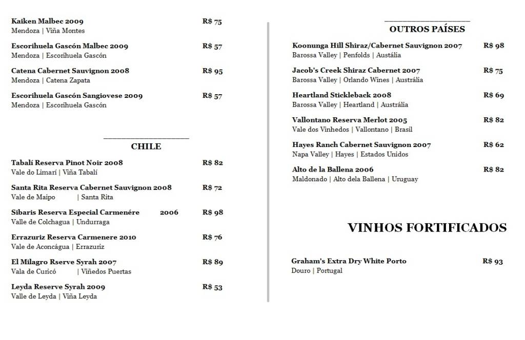 Carta de vinhos do Arturito com rótulos abaixo de 100 reais