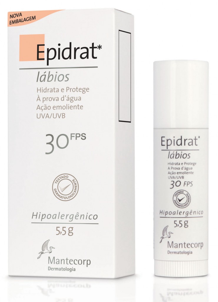Epidrat, da . Hidratante lábial com FPS 30, indicado para hidratação e proteção dos lábios contra os raios solares. Não deixa os lábios brancos. Preço Sugerido: R$ 39. SAC: 0800-7717017