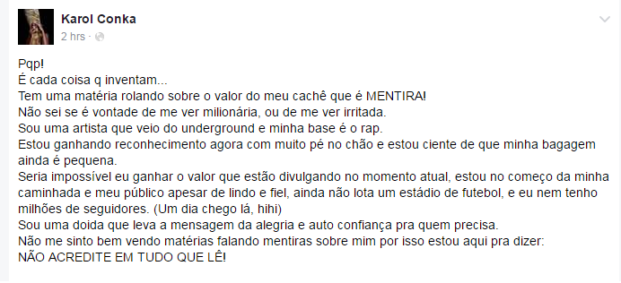 Irritada, rapper Karol Conká contesta valor de cachê divulgado por jornal