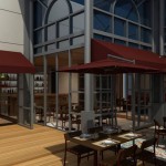 Detalhe da fachada: toldos vermelhos