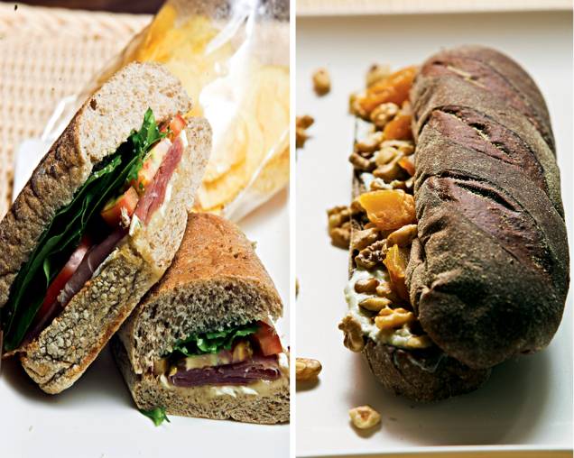 Sanduíches caprichados: de presunto cru na ciabatta integral e com recheio de pera, nozes e gorgonzola Sanduíches caprichados: de presunto cru na ciabatta integral e com recheio de pera, nozes e gorgonzola
