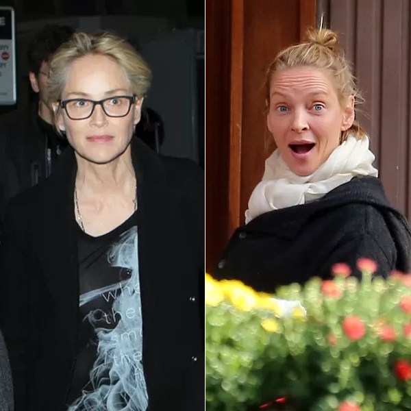 Clicadas com pouca maquiagem, Sharon Stone e Uma Thurman mostram que são lindas naturalmente