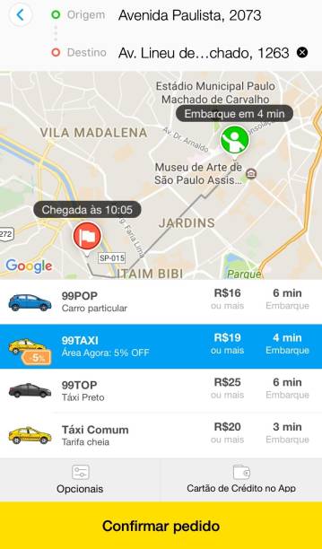 1° Passo: Baixe o aplicativo no seu celular e realize o cadastro. Depois, digite o seu endereço de origem e o destino (Avenida Lineu de Paula Machado, 1263, no Jockey Club de São Paulo) e selecione um carro. Em seguida, c<span>lique em “Cartão de Crédito no App”</span>