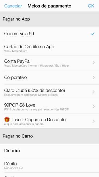 <span>6° Passo: </span>Confira se a opção “Cupom Veja 99” está selecionada e dê um 'ok'. Confirme o pedido de carro! <span>6° Passo: </span>Confira se a opção “Cupom Veja 99” está selecionada e dê um 'ok'. Confirme o pedido de carro!