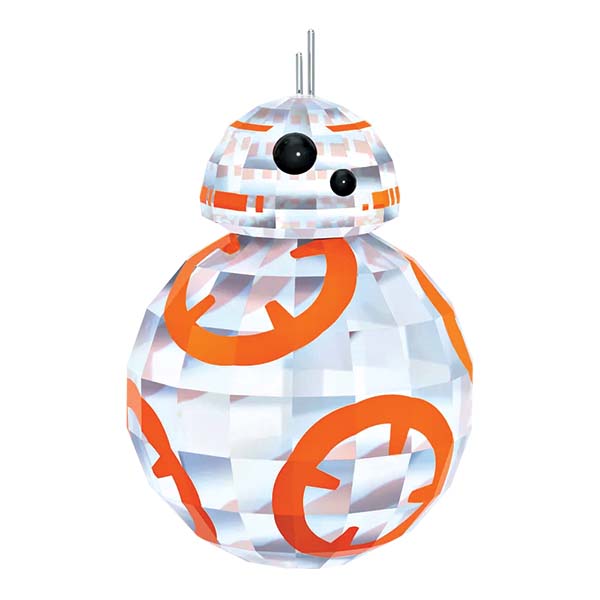 Enfeites de cristal do personagem BB-8 (R$ 579,00), R2-D2 (R$ 919,00) e C-3PO (R$ 1 150,00). Swarovski.