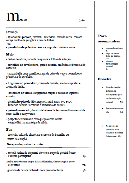 Menu Executivo do Piccolo Menu Executivo do Piccolo