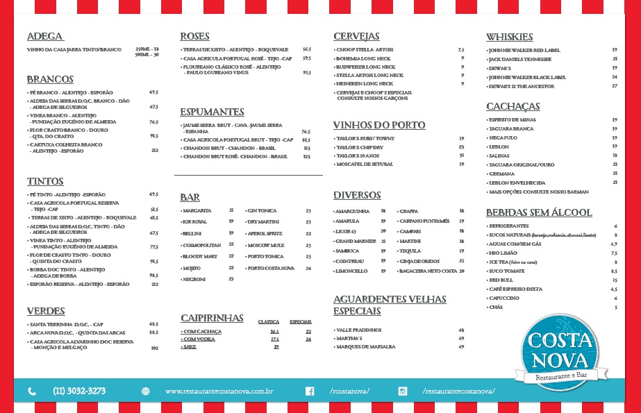 Costa Nova – Menu Costa Nova – Menu