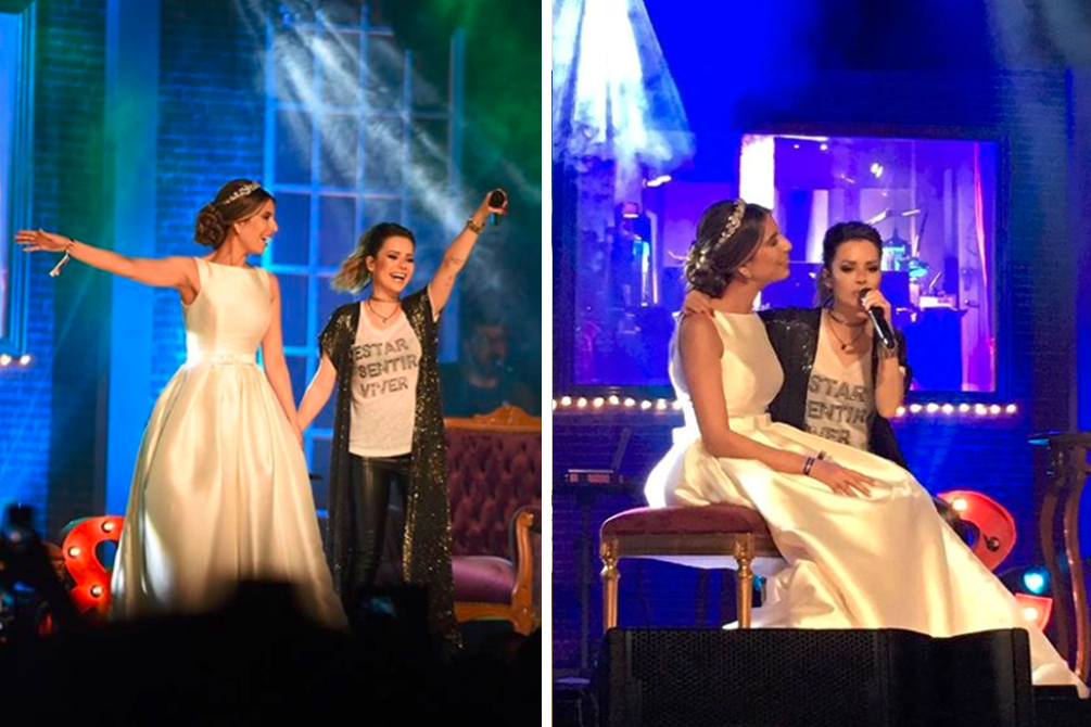 Sandy é surpreendida por noiva em show e convida recém-casada para cantar