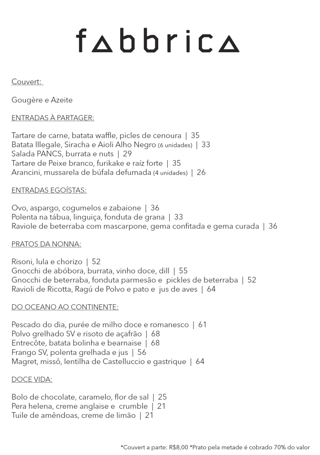 Cardápio Fabbrica Cardápio Fabbrica