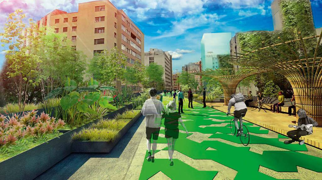 Ilustração do projeto: canteiros ao lado e ciclovia no centro Ilustração do projeto: canteiros ao lado e ciclovia no centro
