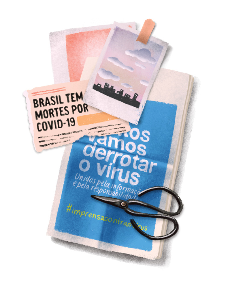 CAPSULA DO TEMPO ilustração jornais Jornais recortados com um tesoura sobre eles