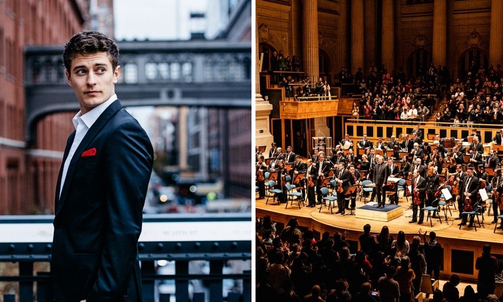 Jakub Józef Orlinski, á esquerda, e orquestra da Osesp, á direita