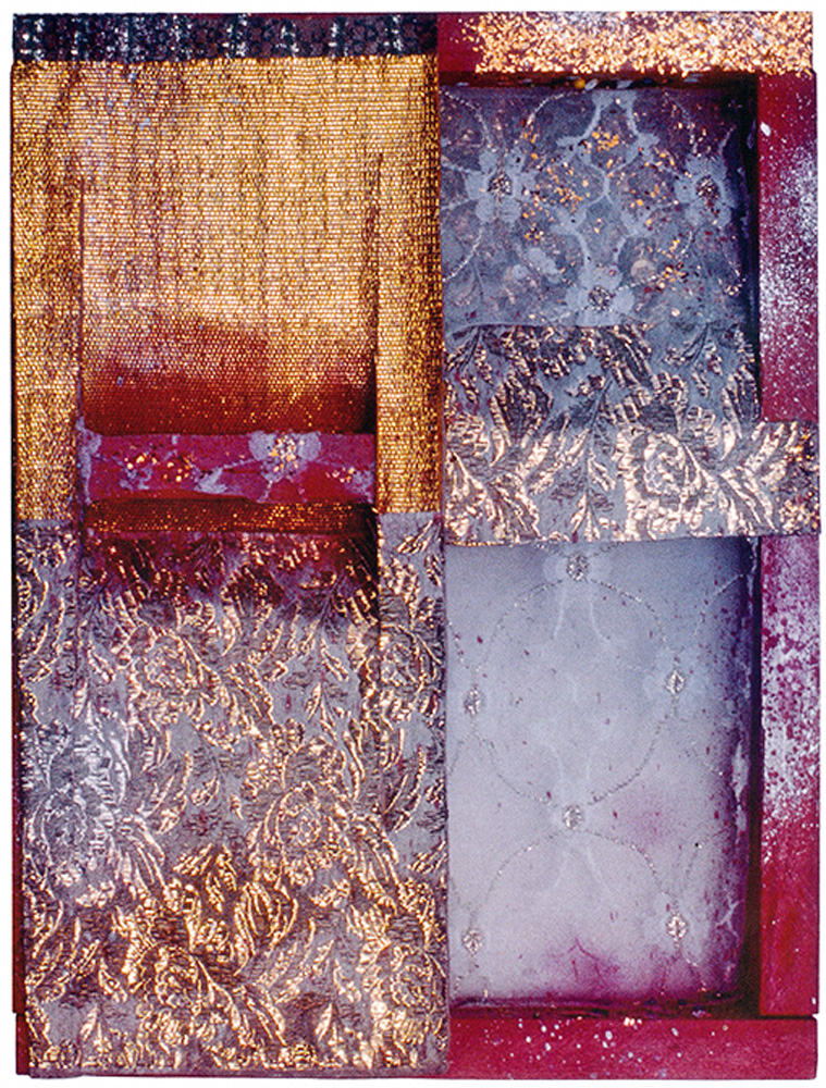 Tecidos sobre tela, obra de Beatriz Milhazes. No princípio, eram os tecidos: obra sem título, de 1981, traz as iniciais da artista. Não faz parte da megaexposição.