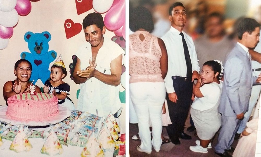 aniversário casamento rosinha heloisa cicero nosso louco amor Imagem dividida. À esquerda, Rosinha, Cícero e Heloísa em um ambiente decorado cantando parabéns para filha Heloísa, com apenas um ano. À direita, Cícero e Heloísa juntos, em um salão cheio, durante festa de casamento entre os dois