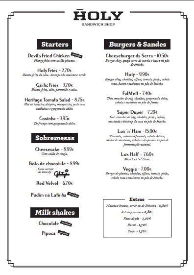 Holy Burger Porto – Cardápio Holy Burger Porto - Cardápio