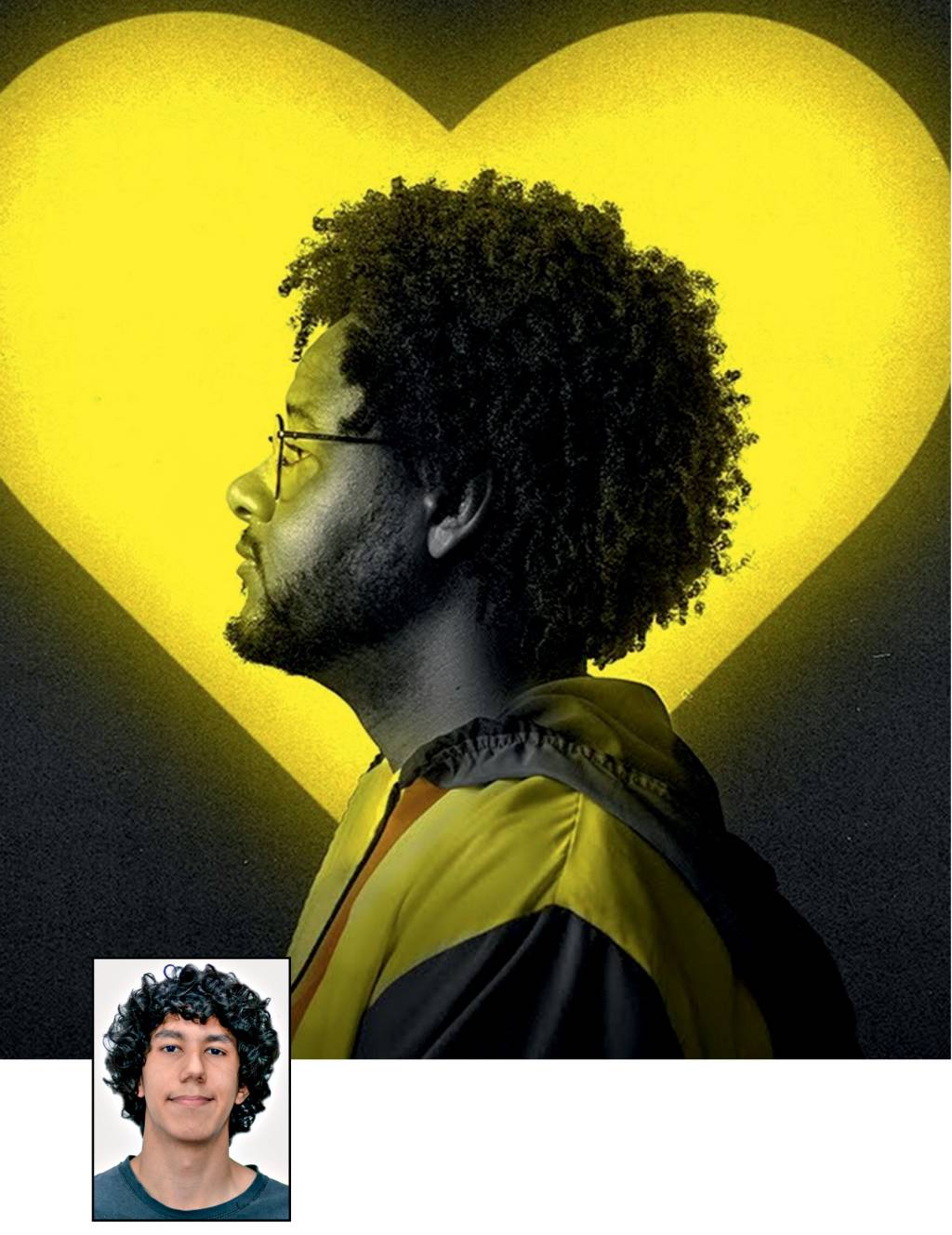 César AmarElo Foto ilustrando Emicida com um coração amarelo ao fundo e uma pequena foto de César