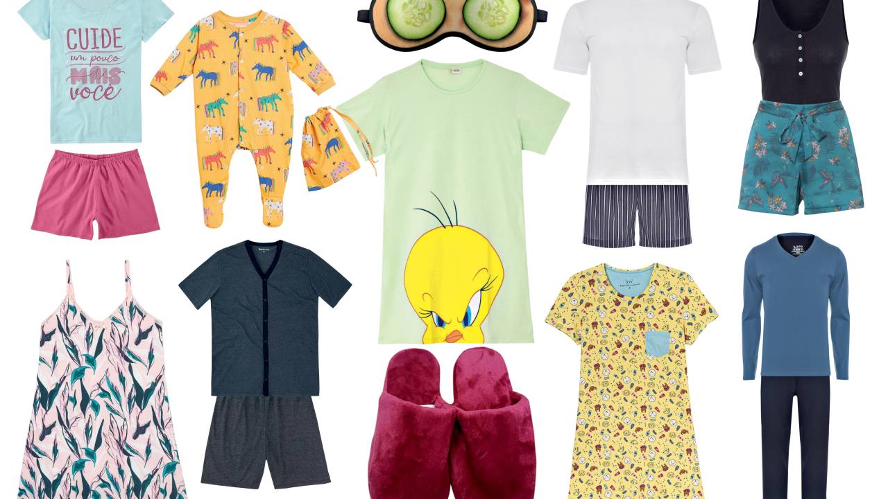 Seleção de pijamas, camisolas e acessórios para dormir.