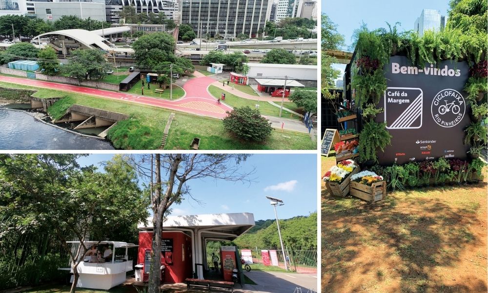 Montagem Rio Pinheiros Quiosques e bolhas Três fotos do rio Pinheiros. Uma mais aérea da área, um de um quiosque e outra da entrada da cilociva