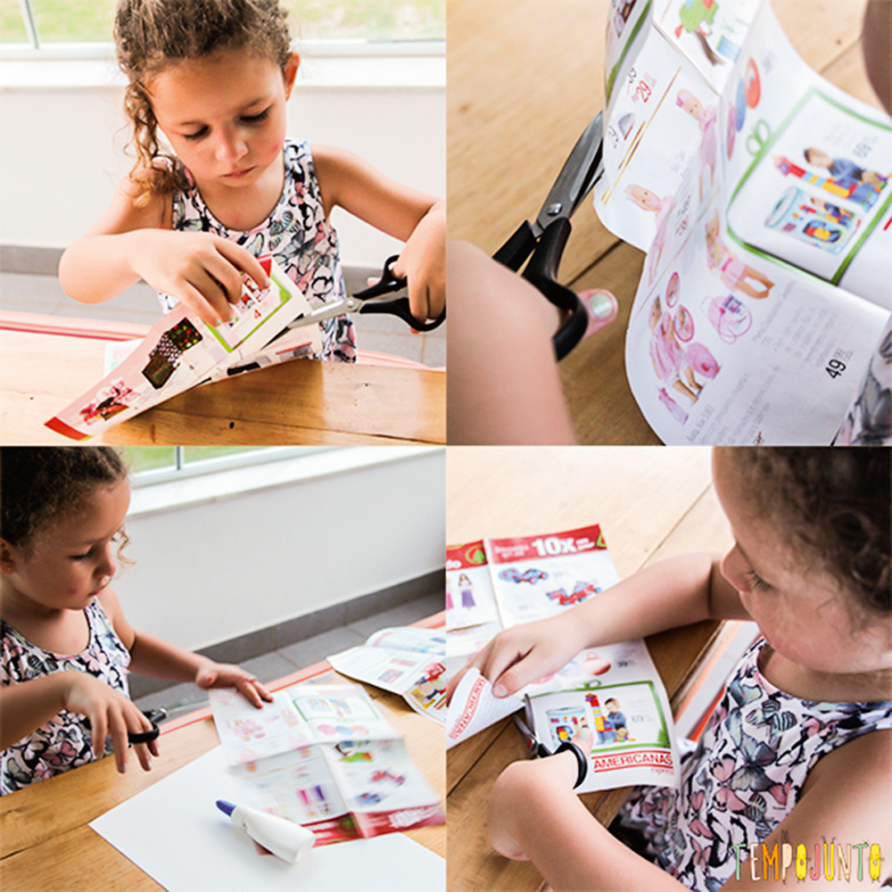 Recortando listas Quatro imagens de uma criança recortando uma revista