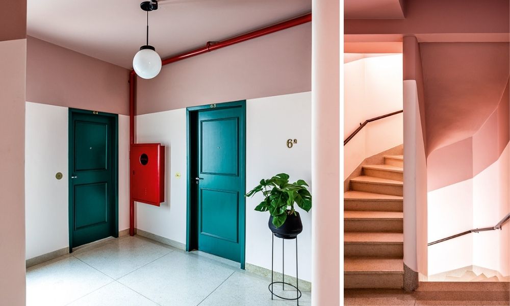 Valdivieso arquitetura sp nas alturas Parte interna de Marieloisa. Escadas e a frente de uma das portas dos apartamentos