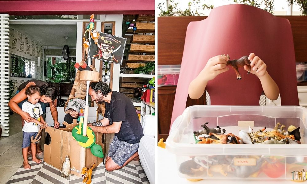 Família com uma caixa de papelão brincando de navio pirata e na outra metade da montagem uma criança por traz de um papelão tentando adivinhar qual brinquedo está em suas mãos