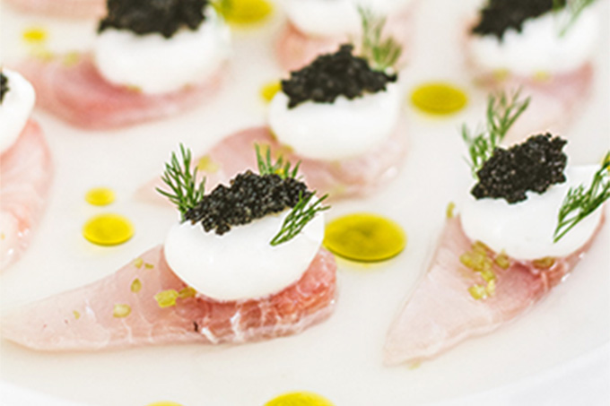 Crudo do Ema: com água de tomate, azeite de manjericão, creme azedo, dill, e ovas