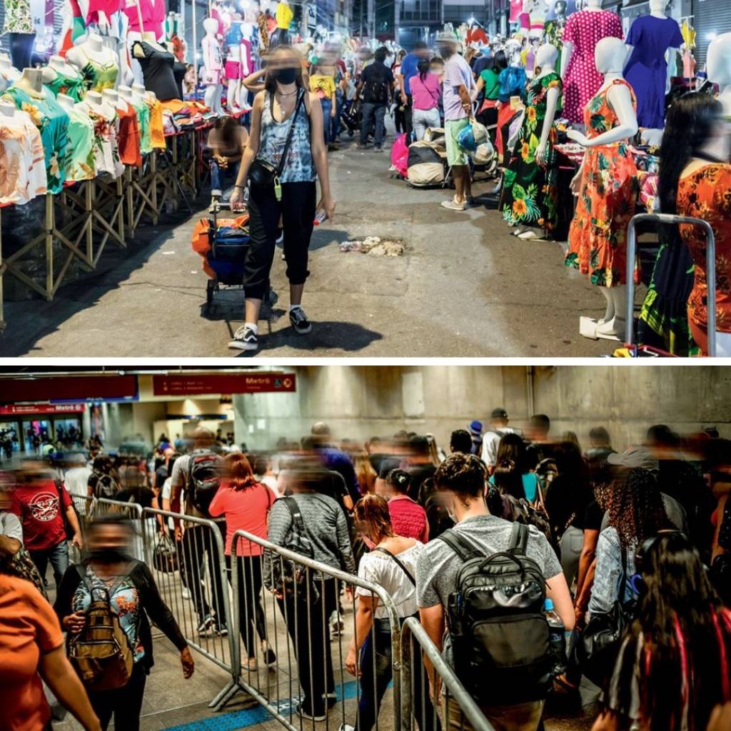 feira madrugada metro luz Feira da madrugada do Brás, cheia de pessoas, na imagem de cima. Na imagem de baixo, o metrô da Luz também cheio