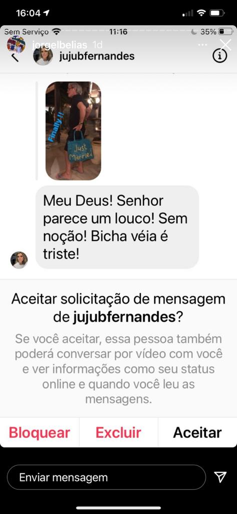 Print Jorge Elias-Juliana Fernandes (REPRODUÇÃO-INSTAGRAM) Registro de mensagem enviada a Jorge Elias pelo perfil de Juliana Fernandes.