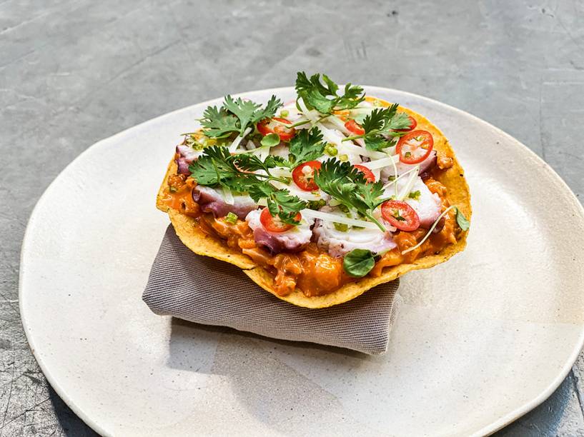 Tostada campechana: polvo, peixe e abacate