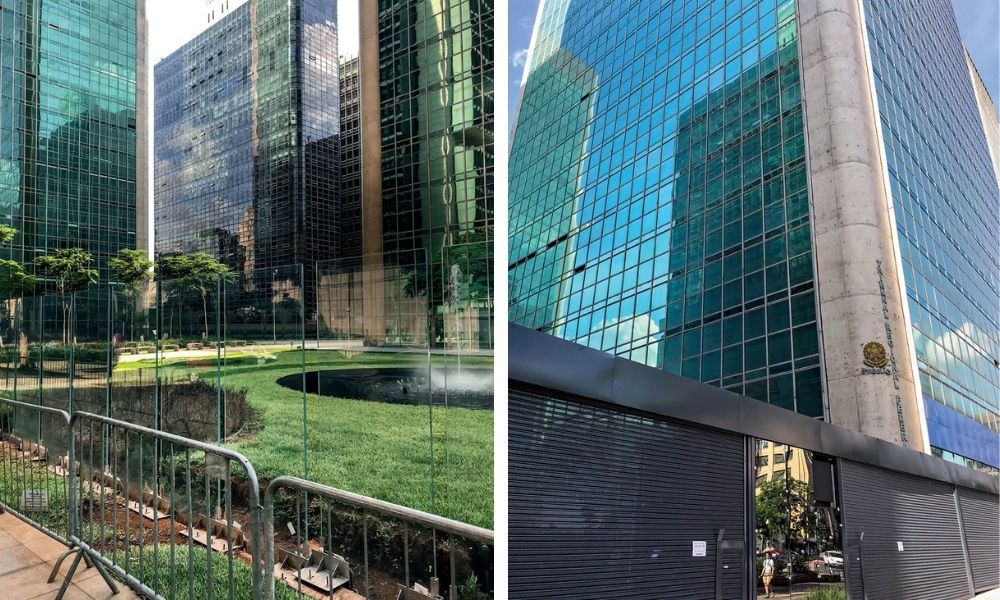 a praça pública do Cetenco Praça pública do Cetenco com grades e portões fechados
