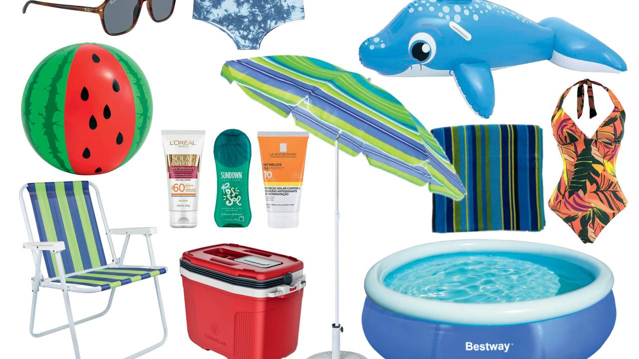 Seleção de produtos como toalha, boia inflável azul em formato de baleia, piscina mil litros, sunga, maiô estampado, caixa térmica, cadeira de praia e óculos de sol.