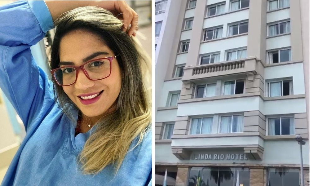 Talyssa Oliveira Taques, de óculos, e hotel no Rio de Janeiro